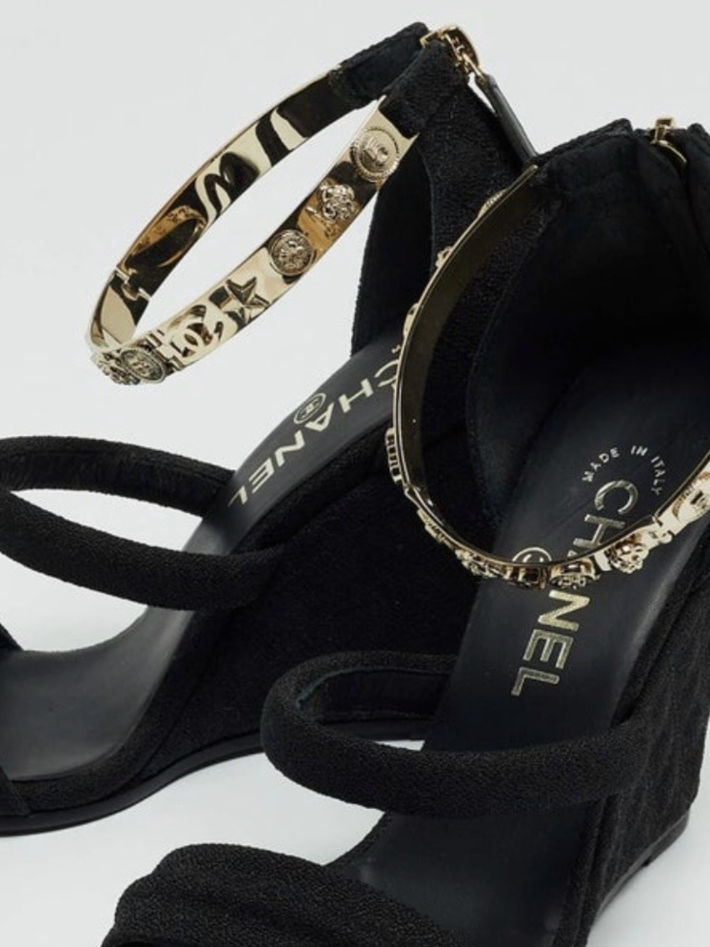 CHANEL Black Canvas Logo Lucky Charms Wedge Sandals - Picture 16 of 16